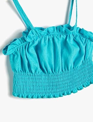 Keten Crop Bluz Askılı Fırfırlı Gipe Detaylı