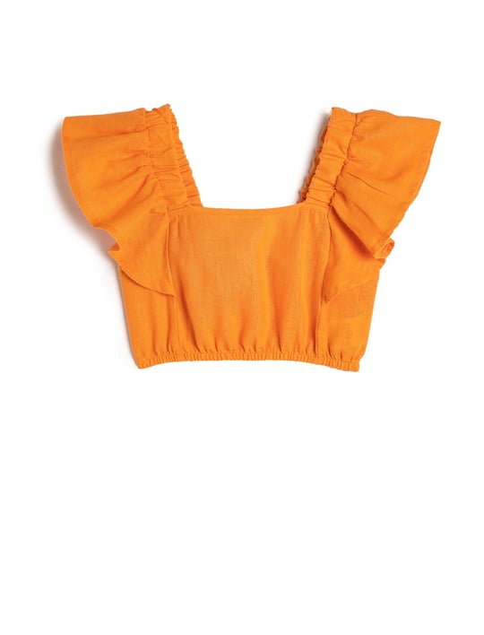 Keten Crop Bluz Kelebek Kollu Kare Yaka