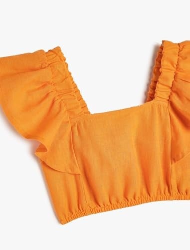 Keten Crop Bluz Kelebek Kollu Kare Yaka