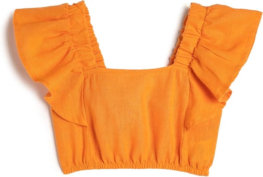 Keten Crop Bluz Kelebek Kollu Kare Yaka