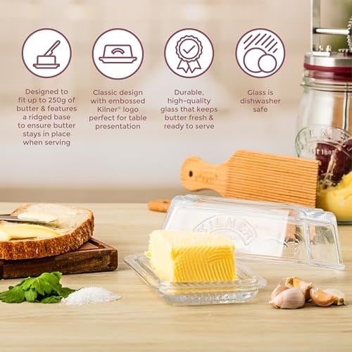 Kilner Cam Tereyağı Tabağı 250 g Kapasiteli Dayanıklı BPA İçermez Tereyağını Daha Uzun Sürdürülebilir Tutar Buzdolabı ve Masa Üstü Kullanımı için Bulaşık Makinesi Güvenli Sürdürülebilir Cam Depolama