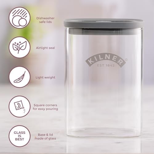 Kilner Taze saklama kavanozu, 1 litre cam gıda kabı, vakumlu sızdırmaz kapaklı, BPA içermeyen cam, hava geçirmez, istiflenebilir, kolay dökülen tasarım | Çay, kahve, şeker ve daha fazlası için ideal