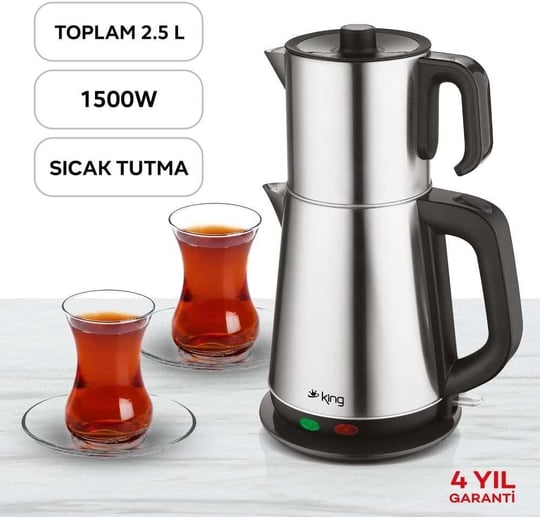 King KCM333 Sonat Çay Makinesi | 1,7L Su Isıtıcı & 0,8L Çelik Demlik | Sıcak Tutma Fonksiyonlu Çelik Çaycı | 360° Dönebilen Taban