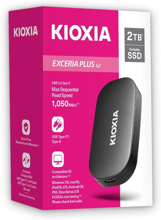 KIOXIA EXCERIA PLUS G2 2TB Taşınabilir SSD – USB 3.2 Gen2, 1050MB/s Okuma, 1000MB/s Yazma
