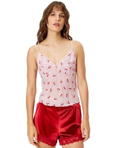 Kiraz Baskılı Askılı Pijama Üstü Kalp Yaka Rahat Kalıp