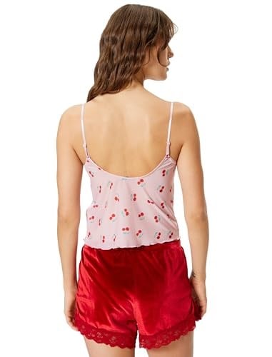 Kiraz Baskılı Askılı Pijama Üstü Kalp Yaka Rahat Kalıp