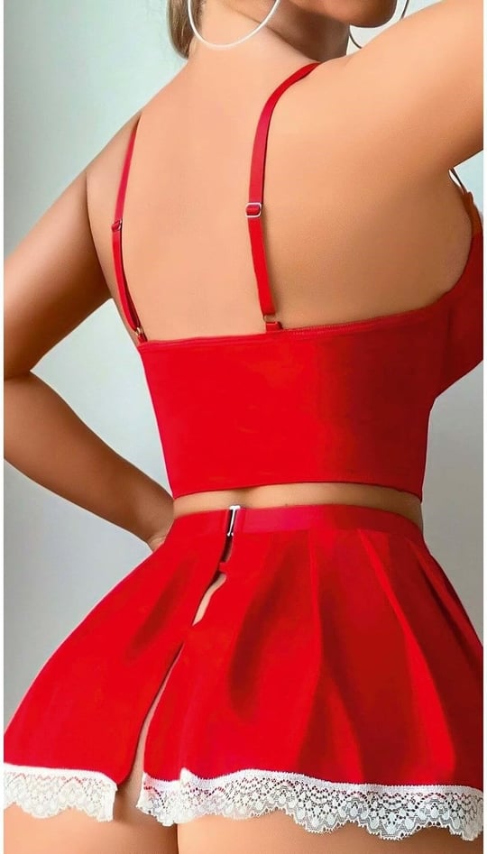 Kırmızı Beyaz S/M-L/XL Beden Etekli Hizmetçi Fantezi Kostüm