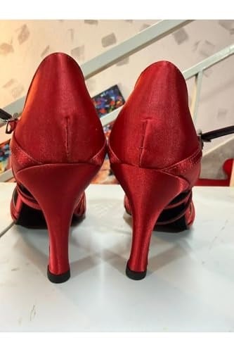 KIRMIZI İNCİ-SATEN, LATİN -SALSA-TANGO DANS VE SALON AYAKKABISI 8.5 CM 13 PONT KAPALI TOPUK - Bedenler: 39 EU, 40 EU