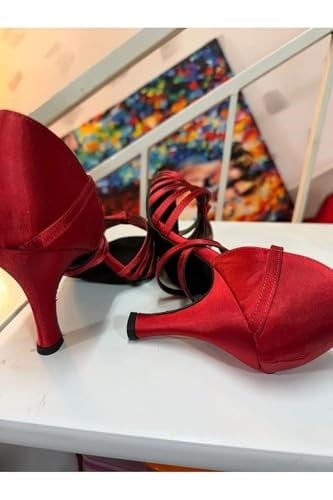 KIRMIZI İNCİ-SATEN, LATİN -SALSA-TANGO DANS VE SALON AYAKKABISI 8.5 CM 13 PONT KAPALI TOPUK - Bedenler: 39 EU, 40 EU