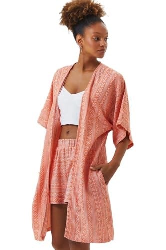 Kısa Kollu Pamuklu Etnik Desenli Kimono Turuncu