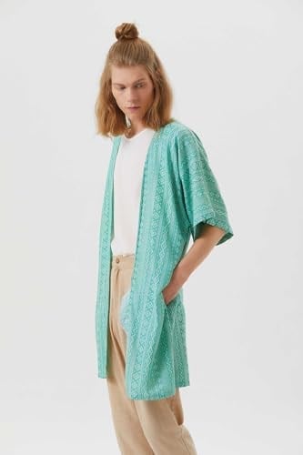 Kısa Kollu Pamuklu Etnik Desenli Kimono Yeşil