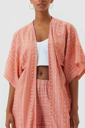 Kısa Kollu Pamuklu Etnik Desenli Kimono Turuncu