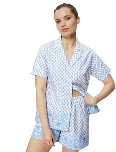 Kısa Kollu Pijama Üstü Çiçekli Düğmeli Gömlek Yaka Pamuklu