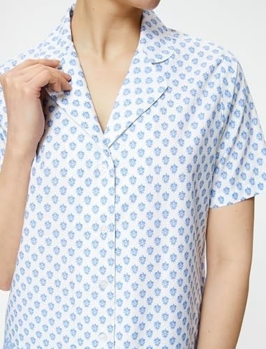 Kısa Kollu Pijama Üstü Çiçekli Düğmeli Gömlek Yaka Pamuklu
