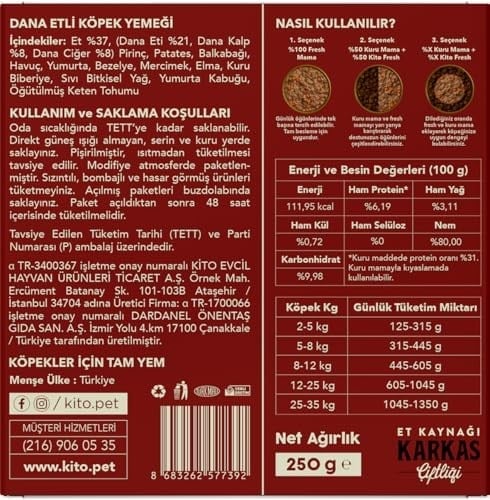Kito Fresh Dana Etli Köpek Yemeği%100 Taze İçerikli Mama 250 gr (4 paketi)