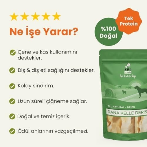 Kito Kurutulmuş Dana Kelle Derisi Çiğnemelik Köpek Ödül Maması%100 Doğal, Glutensiz, Organik 100 gr (Dog Treat)