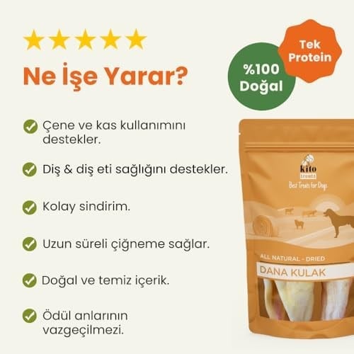Kito Kurutulmuş Dana Kulak Çiğnemelik Köpek Ödül Maması%100 Doğal, Glutensiz, Organik 100 gr (Dog Treat)