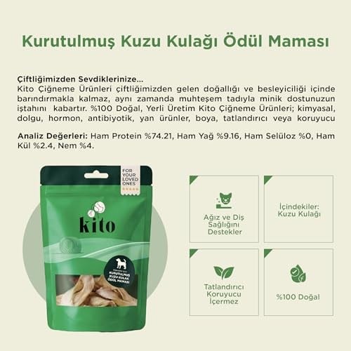 Kito Kurutulmuş Kuzu Kulak Çiğnemelik Köpek Ödül Maması %100 Doğal, Glutensiz, Organik 100 gr