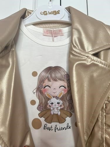 Kız çocuk 3lü takım deri ceket, uzunkollu bluz, tütü etek, gold, 3 yaş