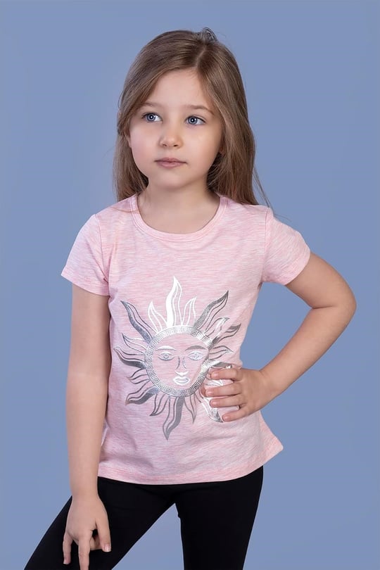 Kız Çocuk Güneş Varaklı Tişört Pembe Melanj 5 YAŞ