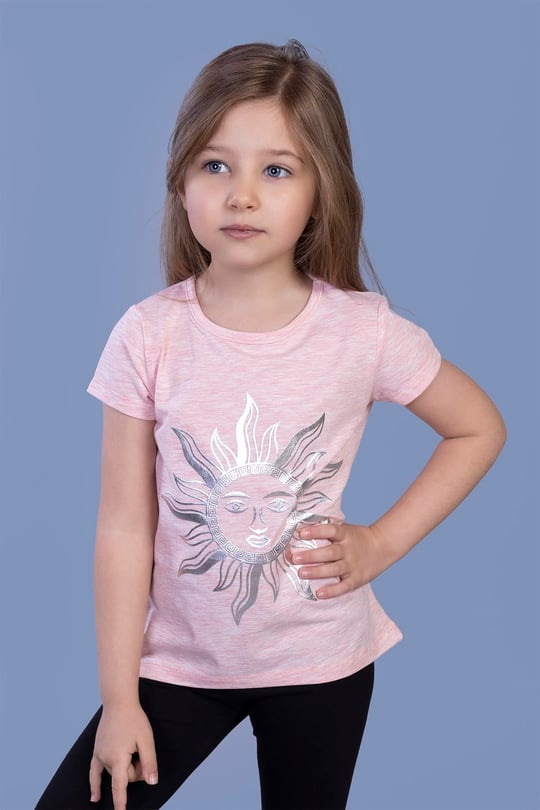 Kız Çocuk Güneş Varaklı Tişört Pembe Melanj 5 YAŞ