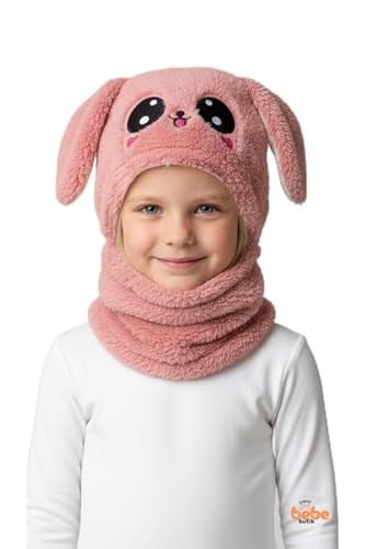Kız Çocuk Kulaklı Bere Boyunluk Takım – Sevimli Tavşan Desenli Polar Kışlık Şapka & Atkı, 3-9 Yaş Somon