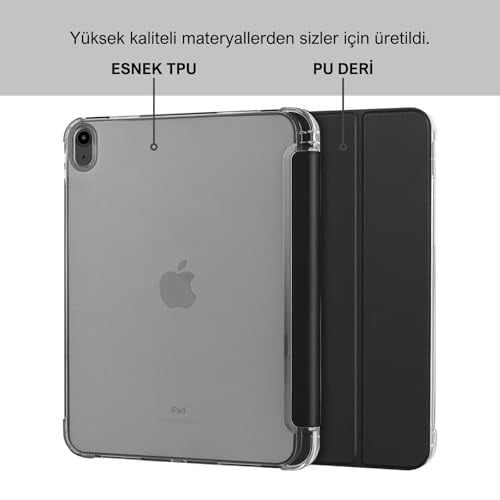 Klasse Apple iPad Air 5 / Air 4 10.9 inç Uyumlu Smart Kılıf, Apple Pencil Kalemlikli, Trifold, Esnek, Mat, Darbeye Tam Dayanıklı Tablet Kılıfı (Siyah)