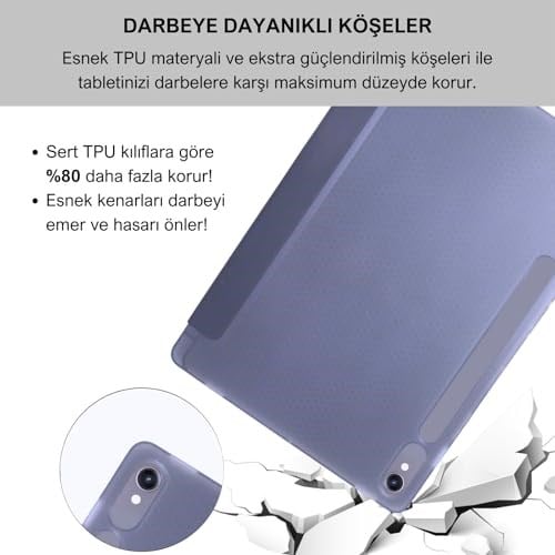 Klasse Samsung Galaxy Tab S10 FE / S9 FE 10.9 inç Uyumlu Smart Kılıf, S Pen Kalemlikli, Trifold, Esnek, Mat, Darbeye Tam Dayanıklı Tablet Kılıfı (Lila)