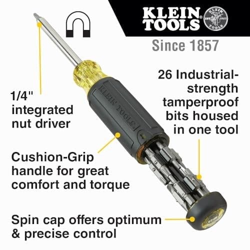 Klein Tools 32307 çok uçlu manipülasyon emniyetli tornavida, 27si 1 arada torx, altıgen, tork ve İngiliz anahtarı uçları, 1/4 inç lokma anahtar tornavidası ile