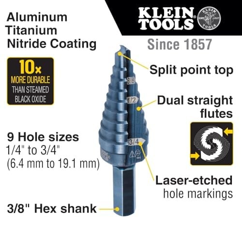 Klein Tools KTSB03 Kademeli Matkap Ucu - Yüksek Hız Çeliği - 2 Oluklu - Alüminyum Titanyum Nitrür Kaplama - 1/4