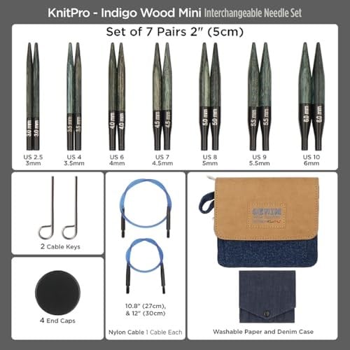 KnitPro Set değiştirilebilir yuvarlak örgü şişleri Indigo Wood Short, 3,00 mm - 6,00 mm