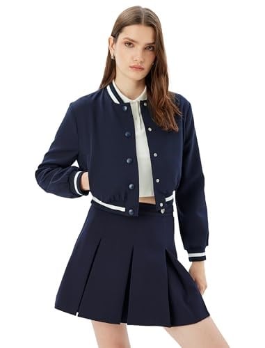 Kolej Bomber Ceket Yuvarlak Yaka Cepli Çizgili Çıt Çıt Düğmeli