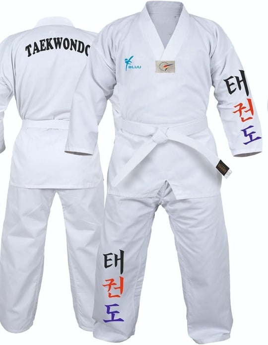 Korece Baskılı Beyaz Yaka Acemi Taekwondo Elbisesi Dobok Tekvando Elbisesi