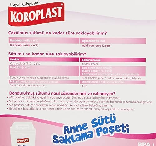 Koroplast Anne Sütü Saklama Torbası 25li, Sızdırmaz Çift Kilitli Steril Anne Bebek Sütü Saklama Poşeti, Bebek Bakımı, Buzdolabı ve Dondurucuda Taze ve Hijyenik Süt Saklama Poşeti, Gıda Temasına Uygun