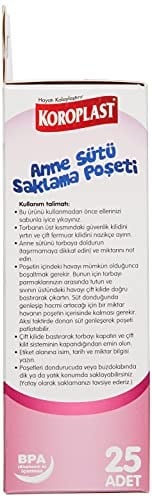 Koroplast Anne Sütü Saklama Torbası 25li, Sızdırmaz Çift Kilitli Steril Anne Bebek Sütü Saklama Poşeti, Bebek Bakımı, Buzdolabı ve Dondurucuda Taze ve Hijyenik Süt Saklama Poşeti, Gıda Temasına Uygun