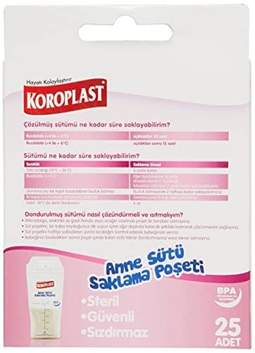Koroplast Anne Sütü Saklama Torbası 25li, Sızdırmaz Çift Kilitli Steril Anne Bebek Sütü Saklama Poşeti, Bebek Bakımı, Buzdolabı ve Dondurucuda Taze ve Hijyenik Süt Saklama Poşeti, Gıda Temasına Uygun