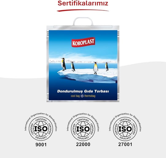 Koroplast Dondurulmuş Gıda Torbası 50x52 cm, Üç Katlı Isı Yalıtımlı Saplı Saklama Torbası, BPA İçermez, Uzun Mesafe Taşıma Kolaylığı, Dondurulmuş Gıda Saklama Poşeti, Koku Hapsi, Isı Yalıtımlı Çanta