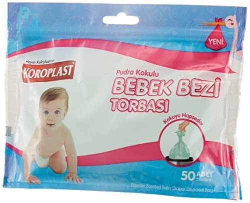 Koroplast Pudra Kokulu Bebe Bezi Torbası 50li Set, Kokuyu Hapseden Sızdırmaz Kilitli Kirli Bebek Bezi Torbası Poşeti, Islak Kuru Çift Katmanlı Kirli Poşeti, Taşınabilir & Hijyenik Anne Bebek Bakımı