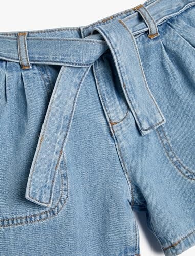 Kot Şort Kuşak Detaylı Cepli Pamuklu Beli Lastikli