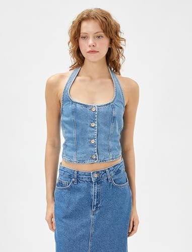 Kot Yelek Crop Halter Yaka Düğmeli Nervürlü Pamuklu
