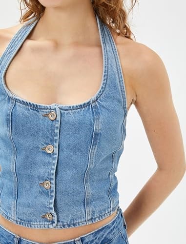 Kot Yelek Crop Halter Yaka Düğmeli Nervürlü Pamuklu