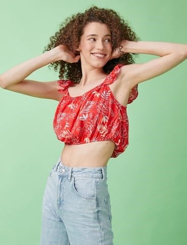 Koton Crop Bluz Desenli Fırfırlı