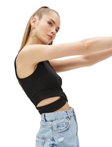Koton Crop Fitilli Atlet Bisiklet Yaka Bel Detaylı Atlet Kadın
