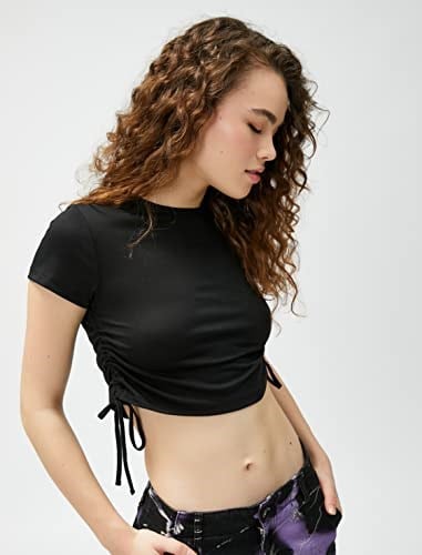 Koton Crop Tişört Kısa Kollu Bisiklet Yaka Büzgülü Tişört Kadın