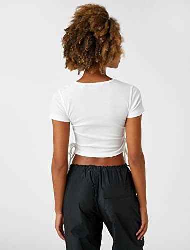 Koton Crop Tişört Uzak Doğu Baskılı Kısa Kollu Bağlama Detaylı T-Shirt Kadın