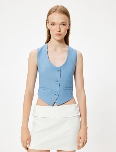 Koton Keten Karışımlı Yelek Kolsuz Fleto Cepli Düğmeli V Yaka Slim Fit