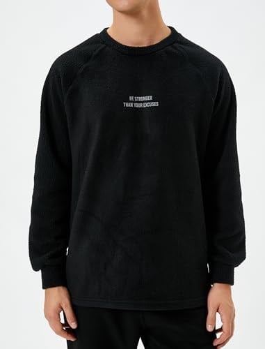 Koton Koton Polar Sweatshirt Slogan İşlemeli Bisiklet Yaka Uzun Kollu Erkek