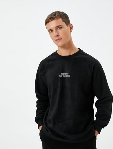 Koton Koton Polar Sweatshirt Slogan İşlemeli Bisiklet Yaka Uzun Kollu Erkek