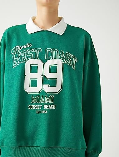 Koton Oversize Sweatshirt Polo Yaka Kolej Baskılı Uzun Kollu Sweatshirt Kadın