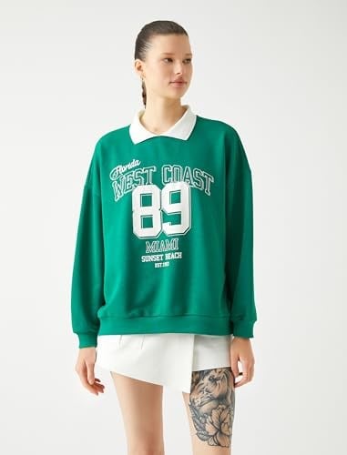 Koton Oversize Sweatshirt Polo Yaka Kolej Baskılı Uzun Kollu Sweatshirt Kadın